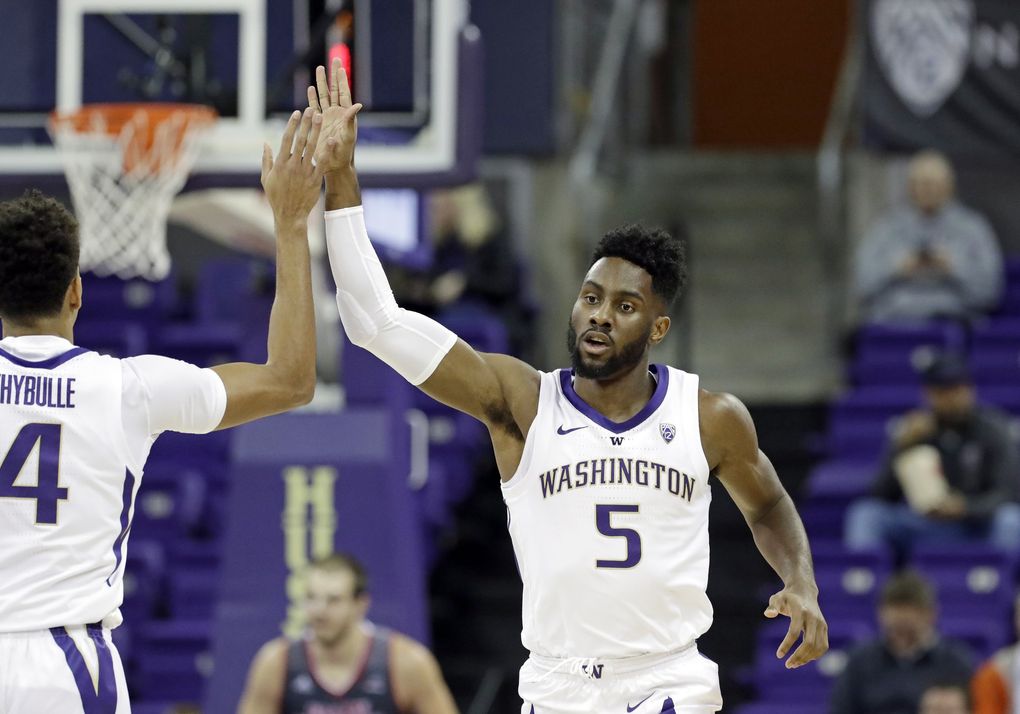Washington’s Jaylen Nowell celebrates after scoring against Eastern Washington on Nov. 27 in Seattle. (Elaine Thompson / The Associated Press)
