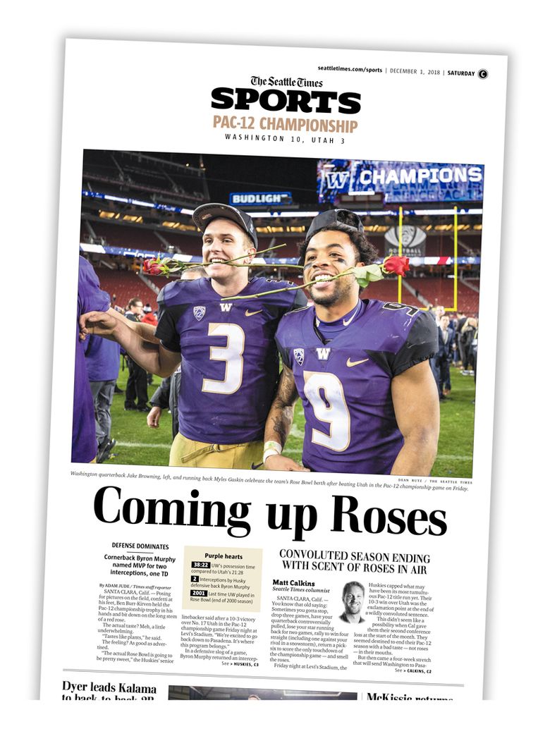 The Seattle Times sports section front page for Saturday, Dec. 1, featuring coverage of the UW Huskies’ Pac-12 championship win.