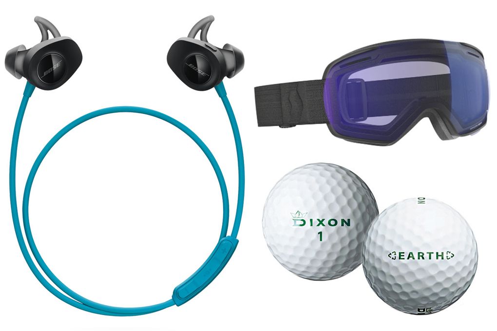 Clockwise from left: Bose SoundSport Wireless Headphones; Scott Linx Goggles; Dixon Earth High Performance Golf Balls