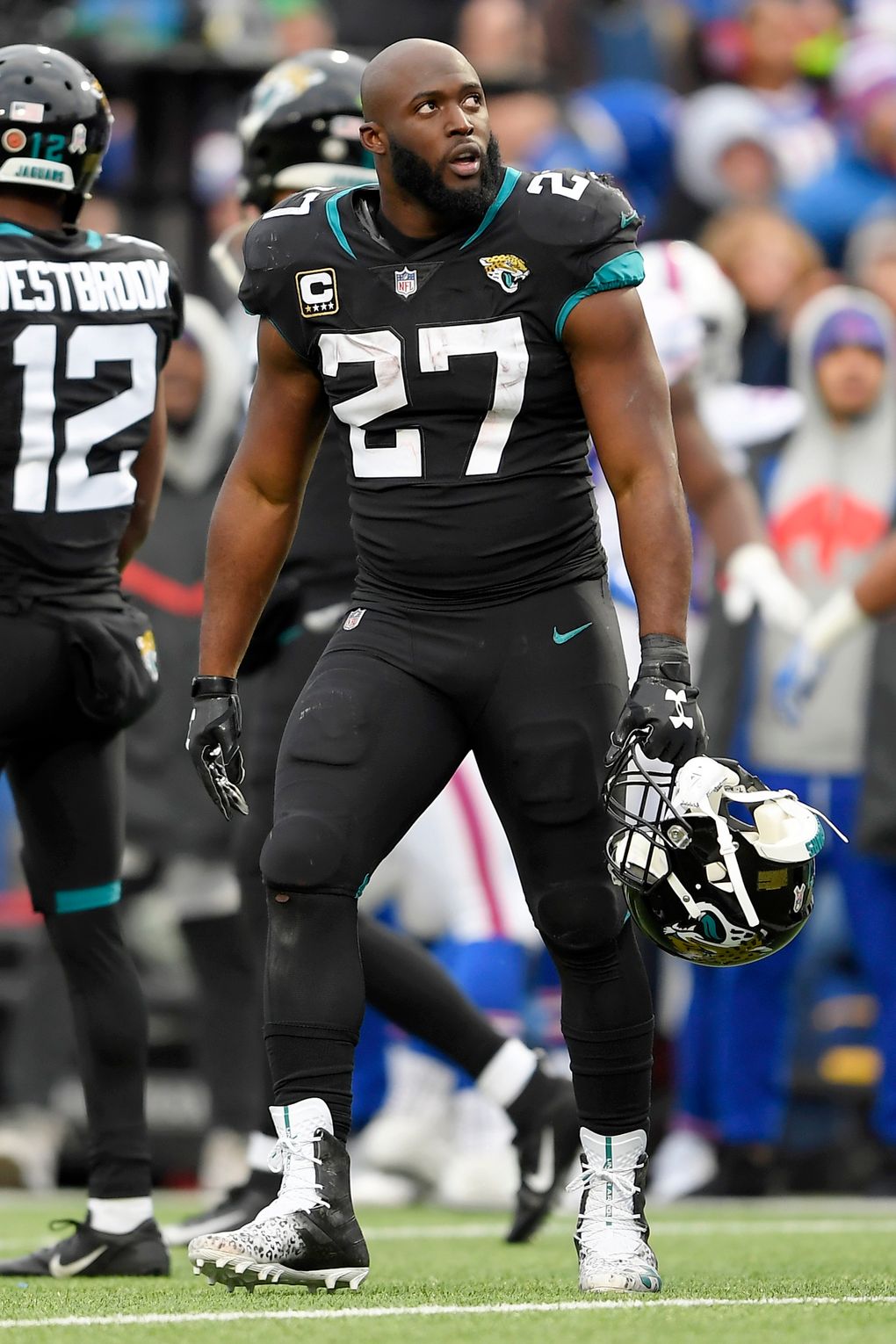 Jacksonville Jaguars running back Leonard Fournette runs a pass pattern  against the Los Angeles Chargers during the second half of an NFL football  game, Sunday, Dec. 8, 2019, in Jacksonville, Fla. (AP