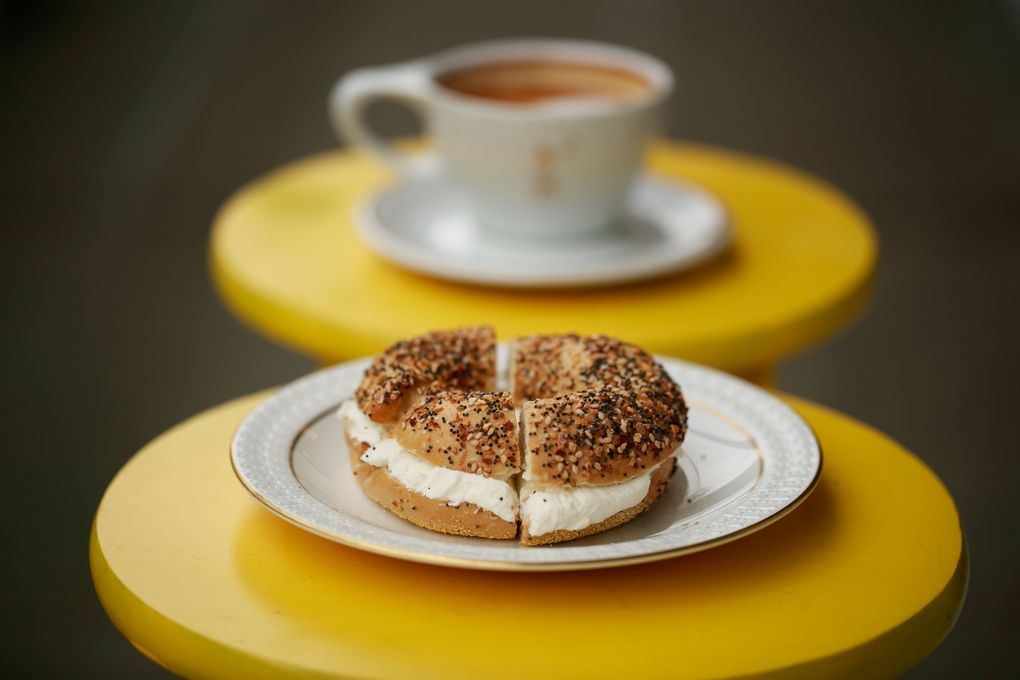 An everything bagel with plain schmear at Westman’s Bagel and Coffee on Capitol Hill. (Erika Schultz / The Seattle Times)