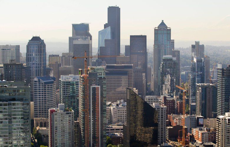 The downtown Seattle Skyline as seen from the top of the Space Needle.
Photographed on July 24, 2018. 207141 aerial 207141