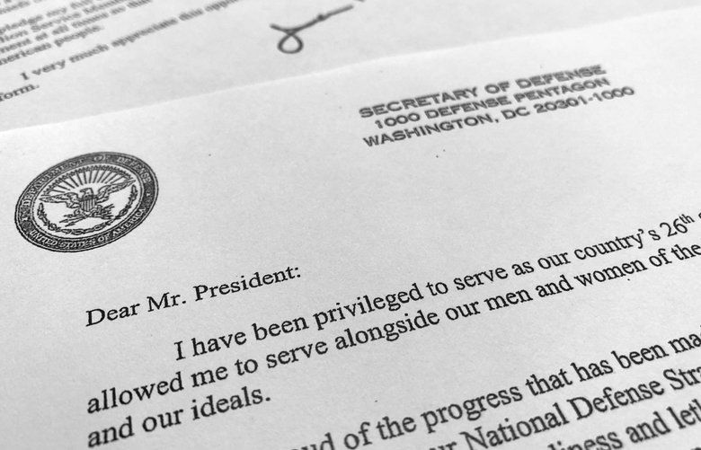 Part of Defense Secretary Jim Mattis’ resignation letter to President Donald Trump is photographed in Washington, Thursday, Dec. 20, 2018. Mattis is stepping down from his post, Trump announced, after the retired Marine general clashed with the president over a troop drawdown in Syria and Trump’s go-it-alone stance in world affairs. (AP Photo/Jon Elswick) WX144 WX144