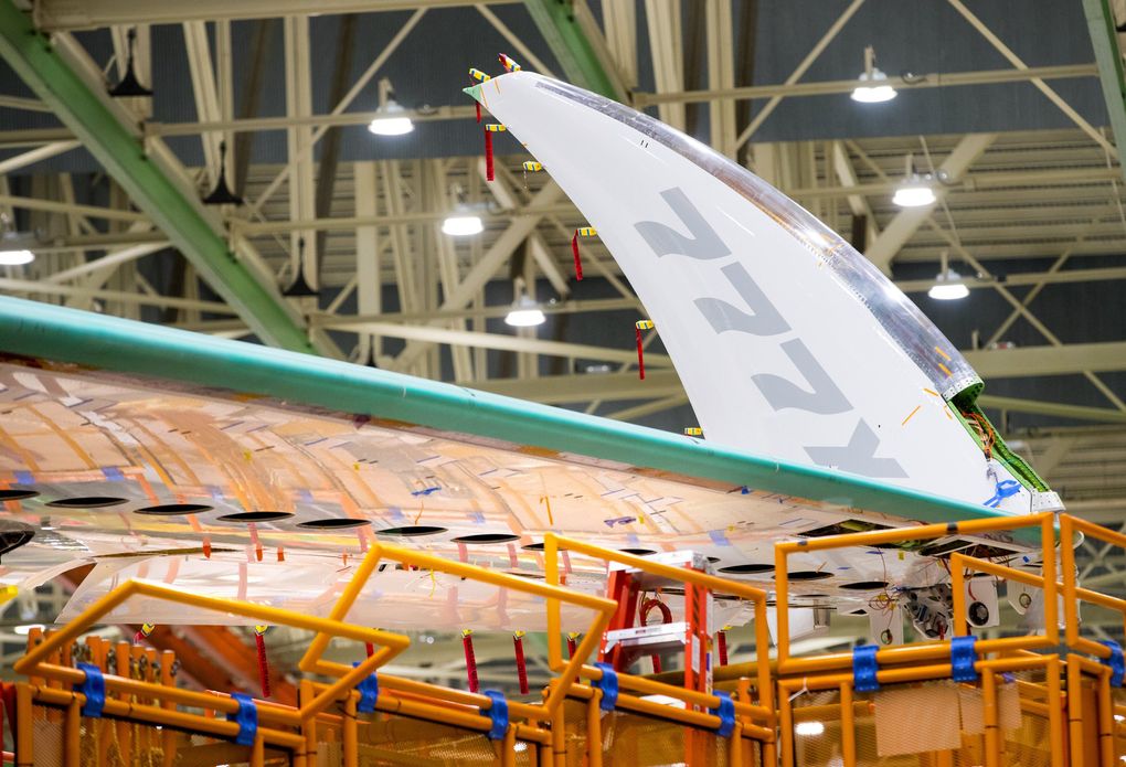 The striking 11-foot folding wingtip of the first Boeing 777X flight test plane, which will fly in the spring. (Mike Siegel / The Seattle Times)