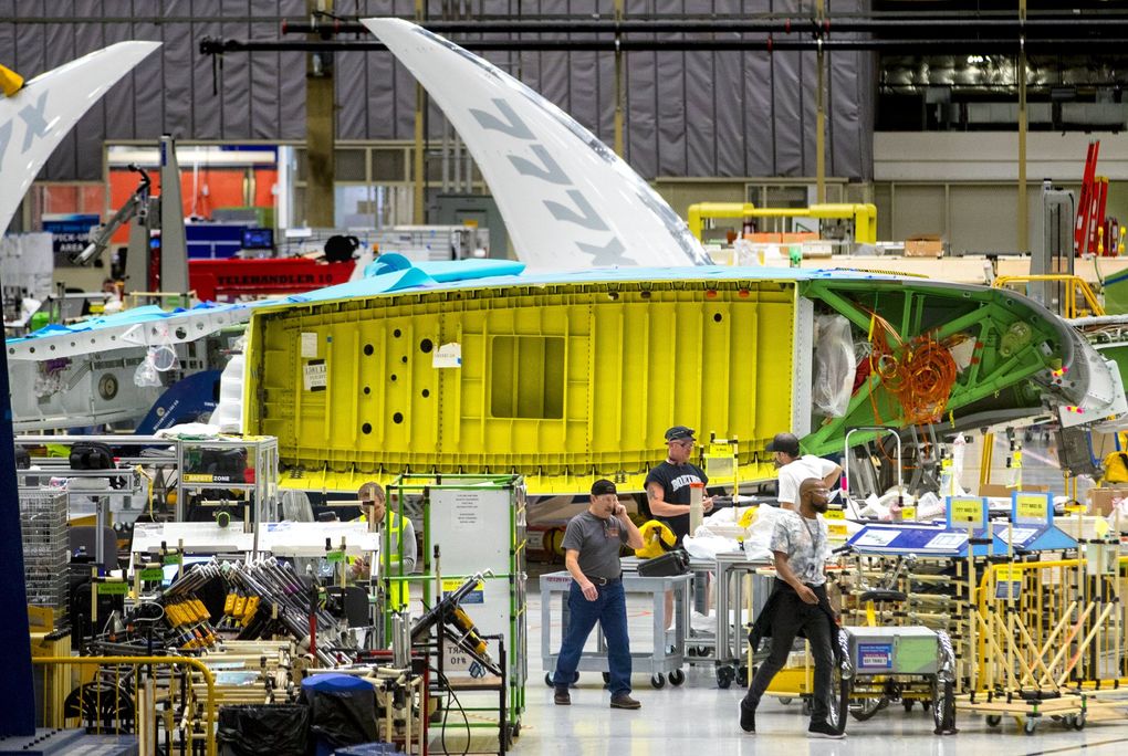 A view of the new Boeing 777X wing from the interface with the fuselage in the foreground and the folded wingtip at the far end. The first 777X will fly in 2019. (Mike Siegel / The Seattle Times)