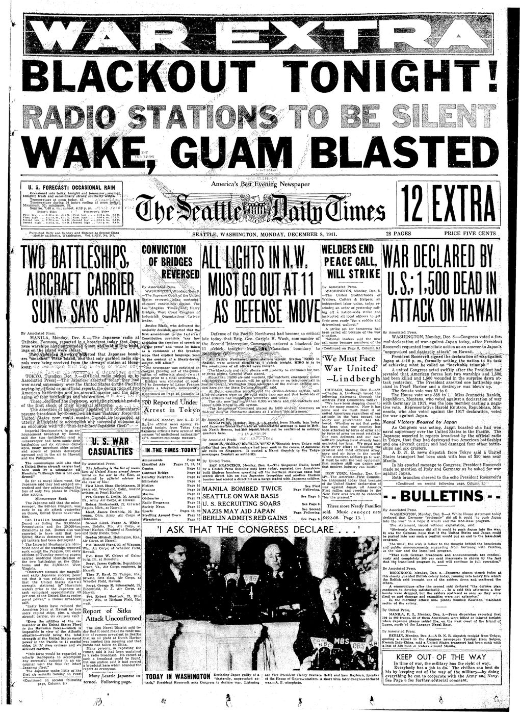 The front page of The Seattle Times on Dec. 8, 1941. (Seattle Times archive)