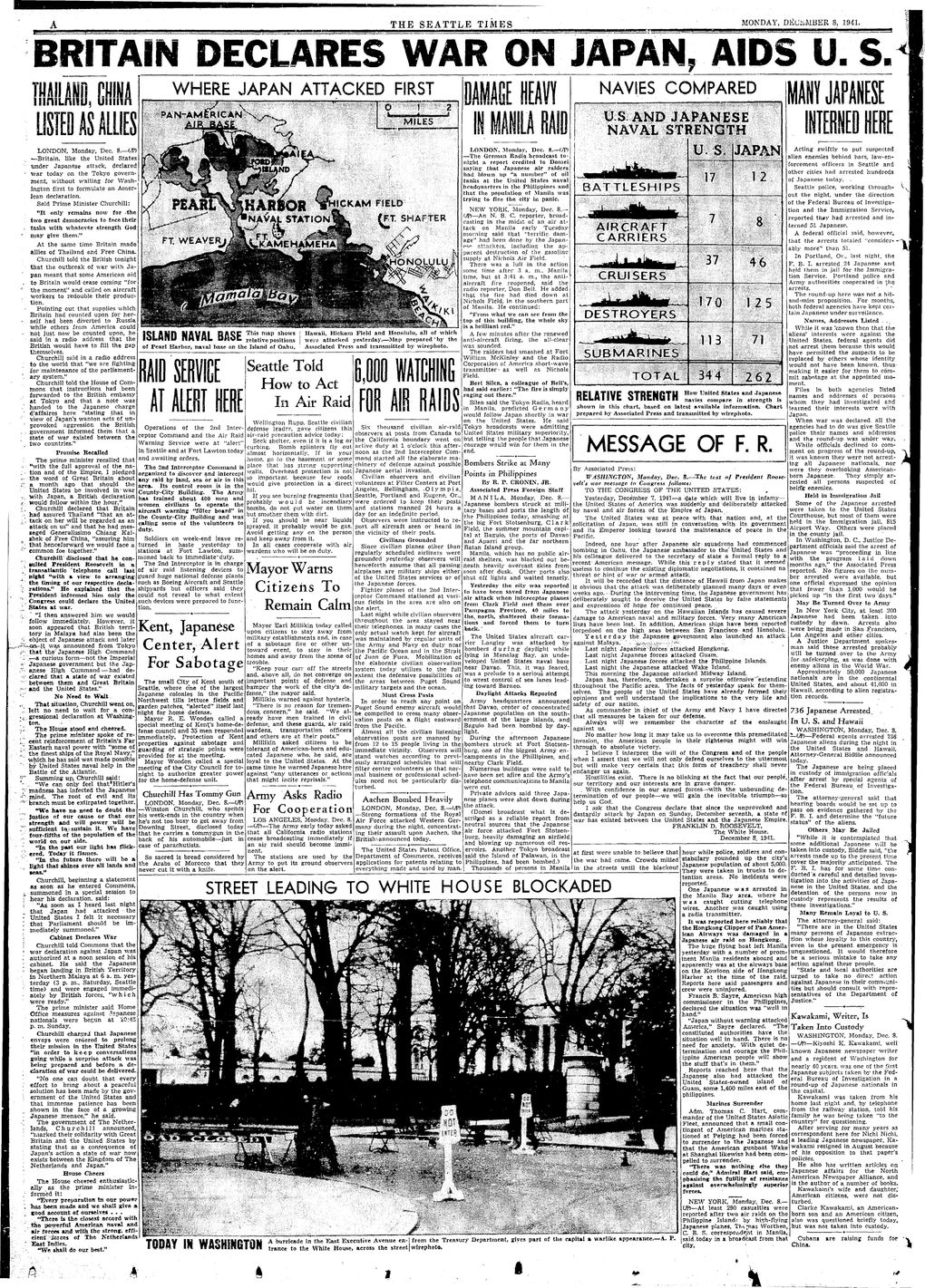 Page 2 of The Seattle Times on Dec. 8, 1941. (Seattle Times archive)