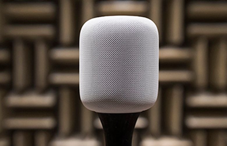 Apple’s HomePod in a photo provided by Apple. The companyâ€™s head of marketing, Phil Schiller, said the HomePod was designed as a speaker first and foremost. Itâ€™s good at that. Mostly. (Apple via The New York Times)    — NO SALES; FOR EDITORIAL USE ONLY WITH NYT STORY SLUGGED CIR-TECH-FIX BY BRIAN CHEN. ALL OTHER USE PROHIBITED. —