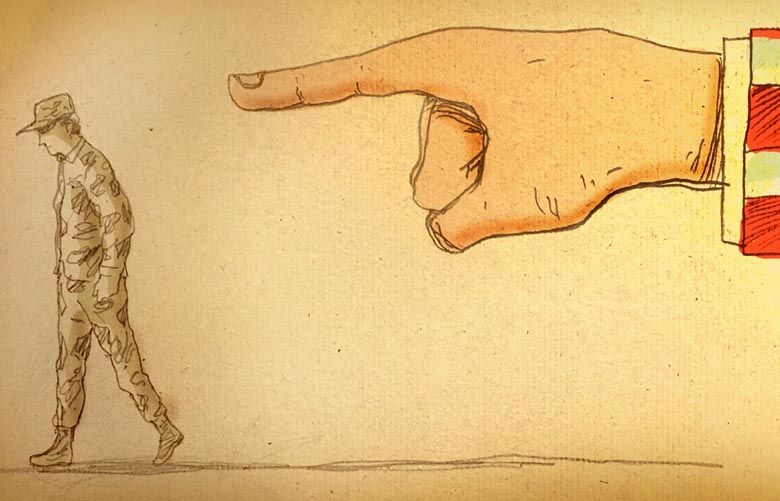 This artwork by Mark Weber refers to the Trump administration's ban on transgender in the military.