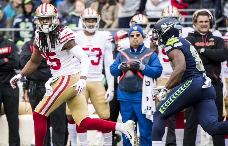 September 17, 2017: Seattle Seahawks cornerback Richard Sherman (25)  adjusts his helmet during a game between the San Francisco 49ers and the Seattle  Seahawks at CenturyLink Field in Seattle, WA on September