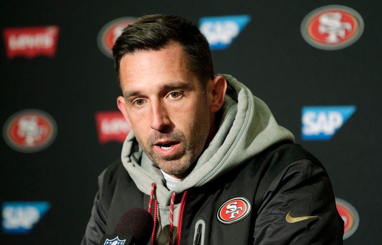 San Francisco 49ers head coach Kyle Shanahan during the first half of an  NFL football game agai …