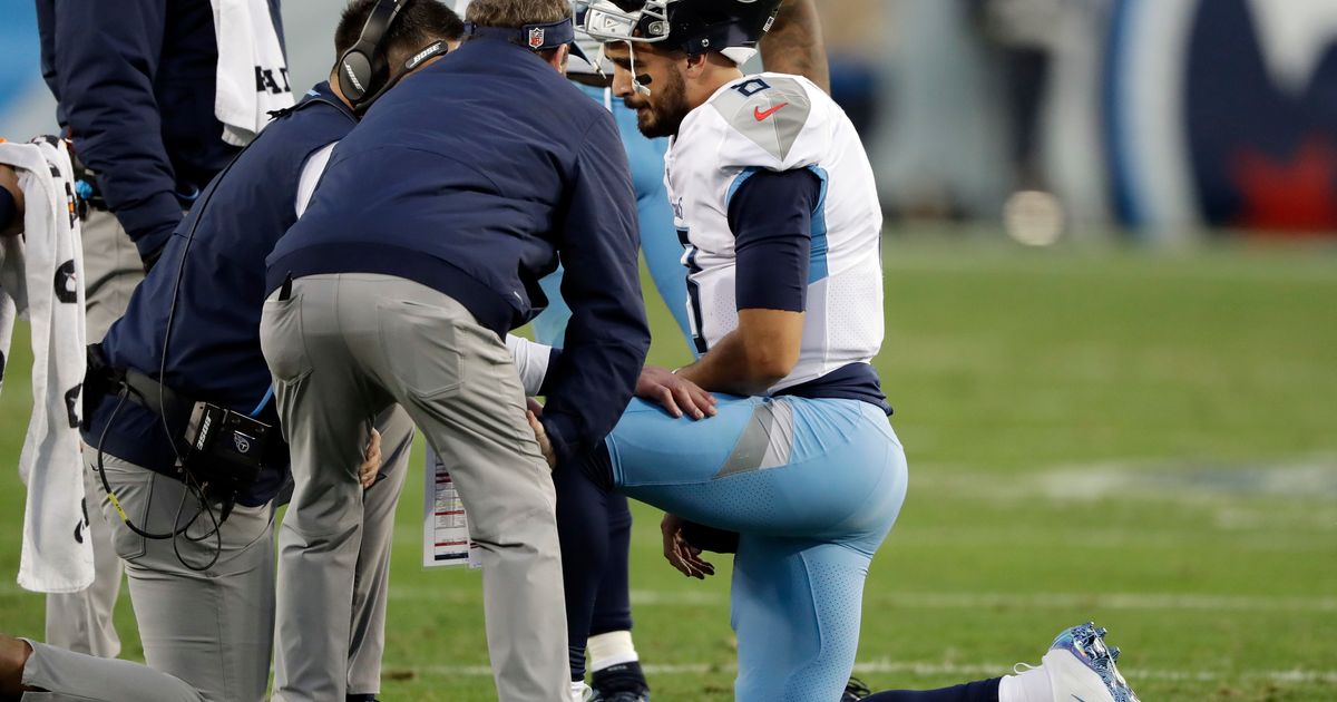 Tennessee Titans quarterback Marcus Mariota (8) looks over the defense of  the Indianapolis Colts during an NFL football game, Sunday, Sept. 15, 2019,  in Nashville, Tenn. The Colts won the game 19-17. (