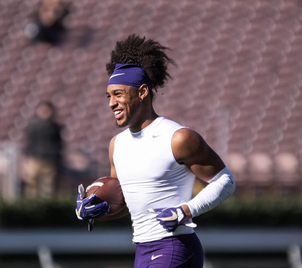 Washington’s Kyler Gordon warms up before the Rose Bowl matchup against Ohio State. (Dean Rutz / The Seattle Times)