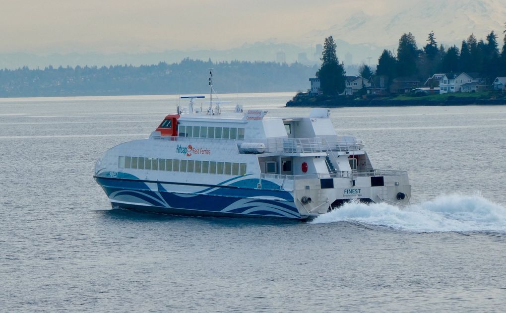 Kitsap Transit’s new fast ferry, called the Finest, pulls away from the dock in Kingston on its return trip to Seattle. (Carol Pucci / Special to The Seattle Times)