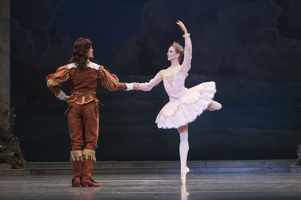 Pacific Northwest Ballet principal dancer Lesley Rausch as Princess Aurora and soloist Steven Loch as a suitor in Ronald Hynd’s “The Sleeping Beauty.” (Angela Sterling)