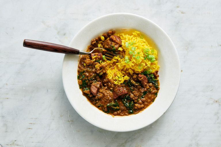 lentils, greens and yellow rice