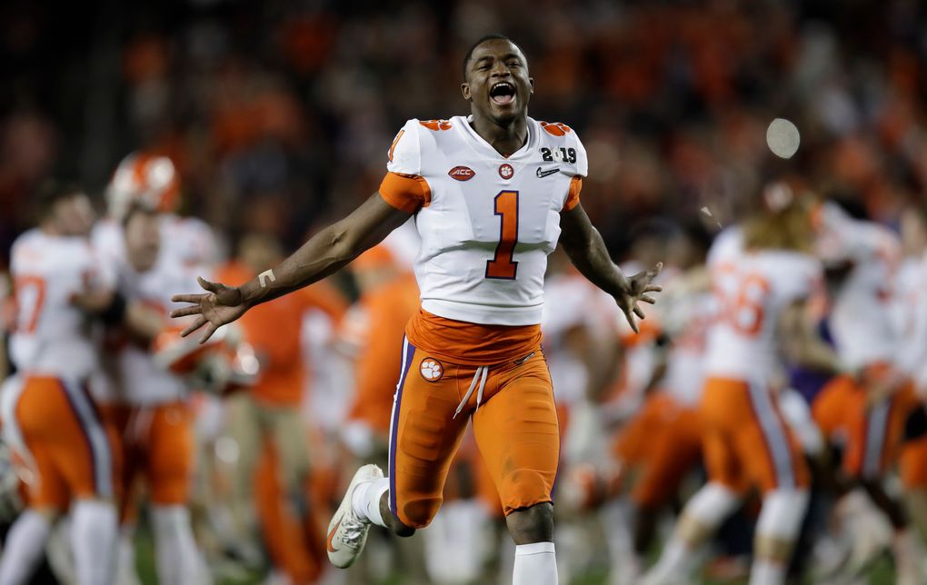 Clemson’s Trayvon Mullen celebrates after the NCAA championship against Alabama on Jan. 7 in Santa Clara, Calif. Clemson beat Alabama, 44-16. (Ben Margot / The Associated Press)