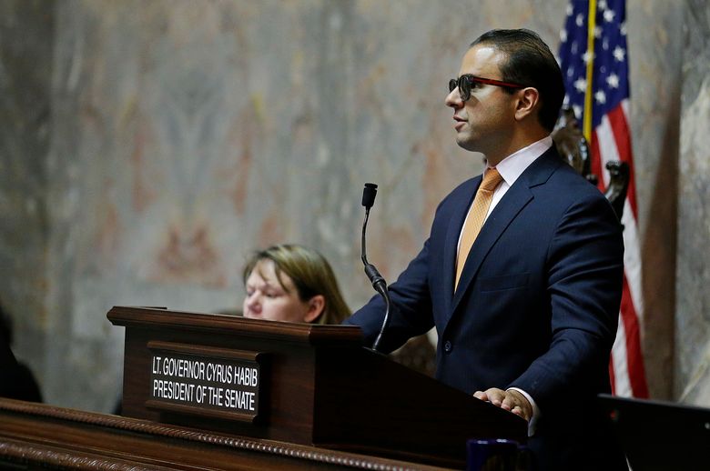 Lt. Gov. Cyrus Habib, seen presiding over a state Senate session last year, skipped Gov. Jay Inslee’s speech Tuesday because it was held in the House chamber, where policy permits visitors to carry concealed weapons. They are not allowed in the Senate chamber, where Habib typically presides.  (AP Photo/Ted S. Warren, 2017 file)