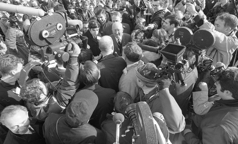Boeing 747 makes its first flight, Feb. 9, 1969, with William M. Allen, Boeing board chairman, at the center of the crowd. (Vic Condiotty / The Seattle Times) 