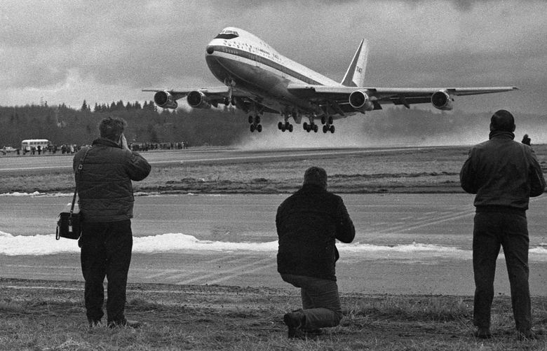 Boeing’s 747 makes its first flight on Feb. 9, 1969. Hundreds of spectators cheered as the jet rose from Paine Field. Test pilot Jack Waddell called the flight “beautiful.&#8221; (Vic Condiotty / The Seattle Times) 
