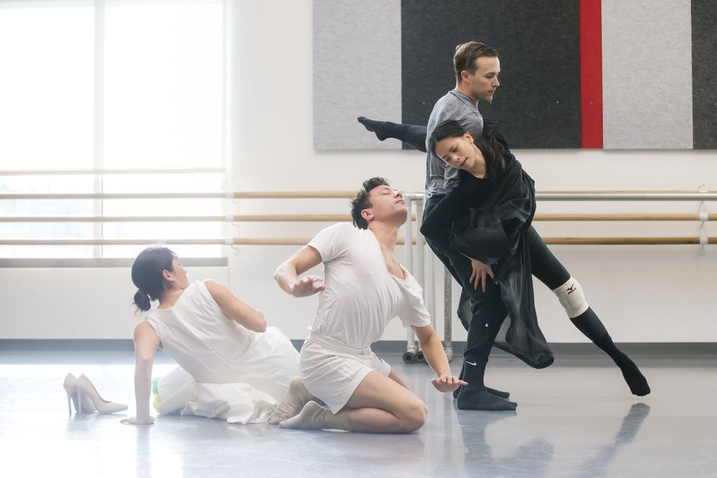 Whim W’Him dancers, from left, Mia Monteabaro, Jim Kent, Karl Watson and Liane Aung rehearse at the Francia Russell Center. Their upcoming performance of “Stabat Mater” is a collaboration with the Seattle Baroque Orchestra, to be performed Feb. 23-24. (Bettina Hansen / The Seattle Times)