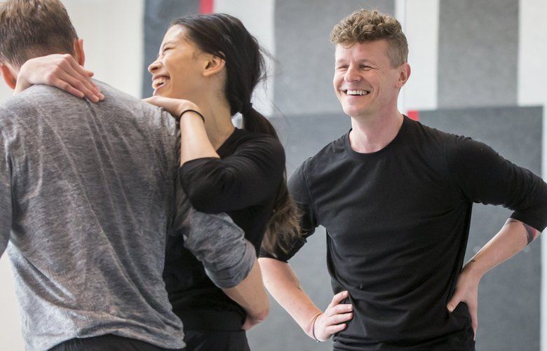 Whim W’him Artistic Director Olivier Wevers works with dancers Karl Watson and Liane Aung during rehearsal at the Francia Russell Center in Bellevue Thursday February 7, 2019. Their upcoming performance of “Stabat Mater” is a collaboration with the Seattle Baroque Orchestra, and will be performed at Shorecrest High School February 23 and 24. This performance closes out their ninth season and ushers in the 10th year of the contemporary dance company, founded by Wevers. 209216