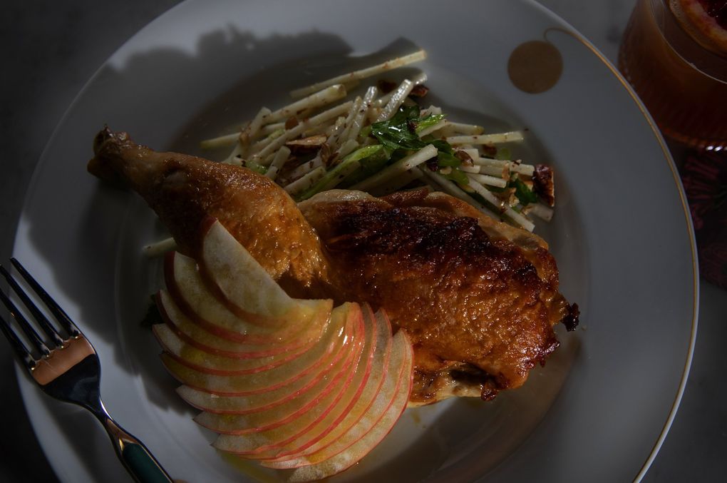 The half-chicken cooked under a brick, with kohlrabi, celery, apple, gorgonzola and hazelnut, at Willmott’s Ghost. (Ellen M. Banner / The Seattle Times)