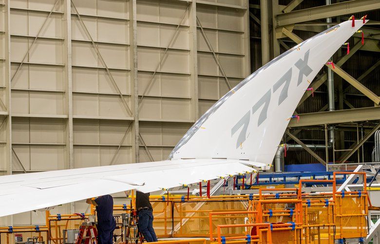 The new Boeing 777X has the largest wings on any Boeing jet. The 11-foot wingtip folds up so that the 777X fits into all the same airports as today’s 777.  This airplane is the first 777X, the inaugural flight of which has now been delayed.