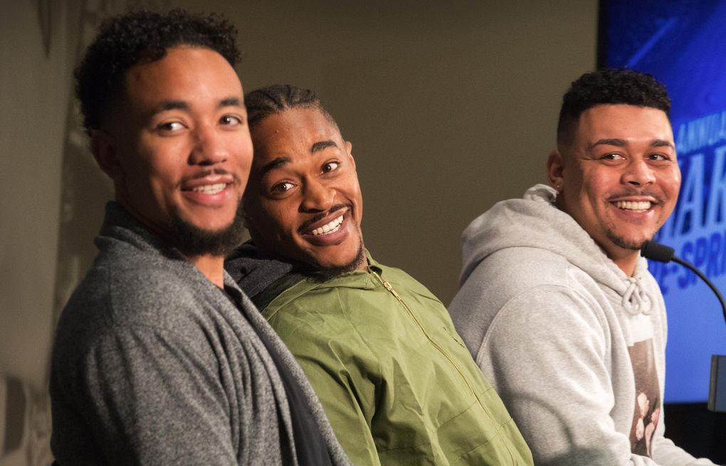 New Mariners players, from left, infielder J.P. Crawford, outfielder Mallex Smith and pitcher Justus Sheffield. (Steve Ringman / The Seattle Times)