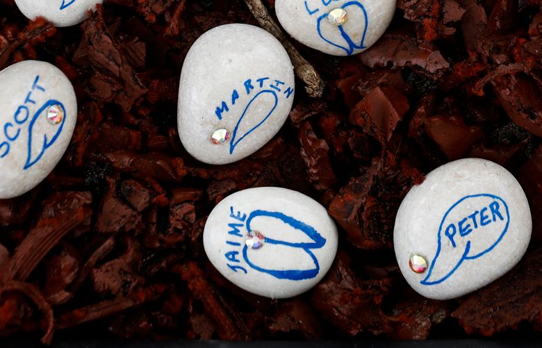 Stones with the names of each victim of the Marjory Stoneman Douglas High School mass shooting lay in the Project Grow Love memorial garden, at the high school in Parkland, Fla., Feb. 8, 2019. Students at the school knew their lives would be transformed by the massacre. Now, a year later, many had no idea of the many ways that would happen. (Eve Edelheit/The New York Times) XNYT38 XNYT38