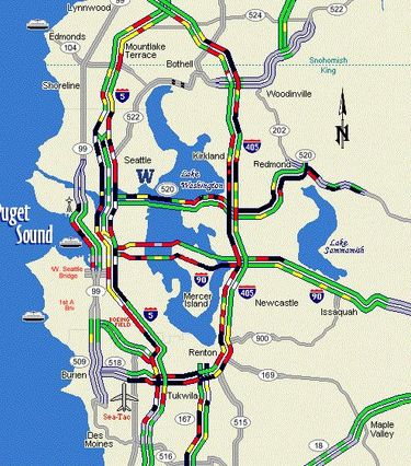 A travel map from 1:30 p.m. Friday (Courtesy of the Washington State Department of Transportation)