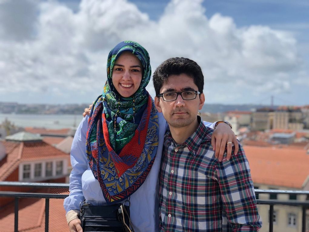 Sama Ghoba and Mohammad “Taha” Bahadori, seen here in Portugal, travel in Europe and Asia so they can be together while she waits for a travel-ban waiver to immigrate to the U.S. Before getting married, they promised to reunite every three months. “I like traveling a lot,” said Ghoba, talking by phone from Iran. But, she added, “it is not how a marriage should be.” (Courtesy of Sama Ghoba)