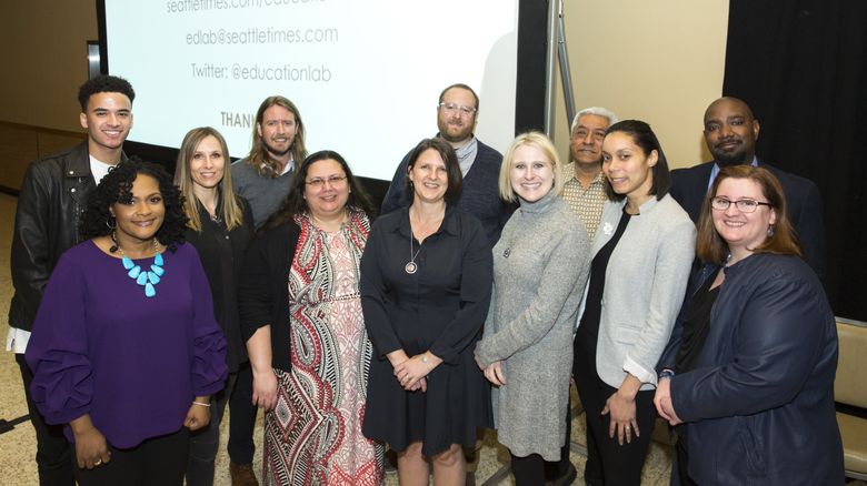 Speakers, from left, Noah Matisse, Kimberly Harden, Victoria Mott, Ricky Robertson, Tracy Castro-Gill, Kari O’Driscoll, Ryan Healy, Gillian Elliott, Raul Sanchez, Imani Razat, emcee Nathan Gibbs-Bowling and Shannon Hitch are pictured during the Ignite Education Lab event at Seattle University, on March 11, 2019, in Seattle.   (Jason Redmond / Special to The Seattle Times)