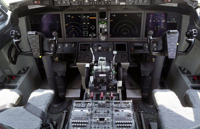 The cockpit of a grounded Lion Air Boeing 737 MAX 8 is seen at the airport in Cenkareng, Indonesia. (Dimas Ardian / Bloomberg)