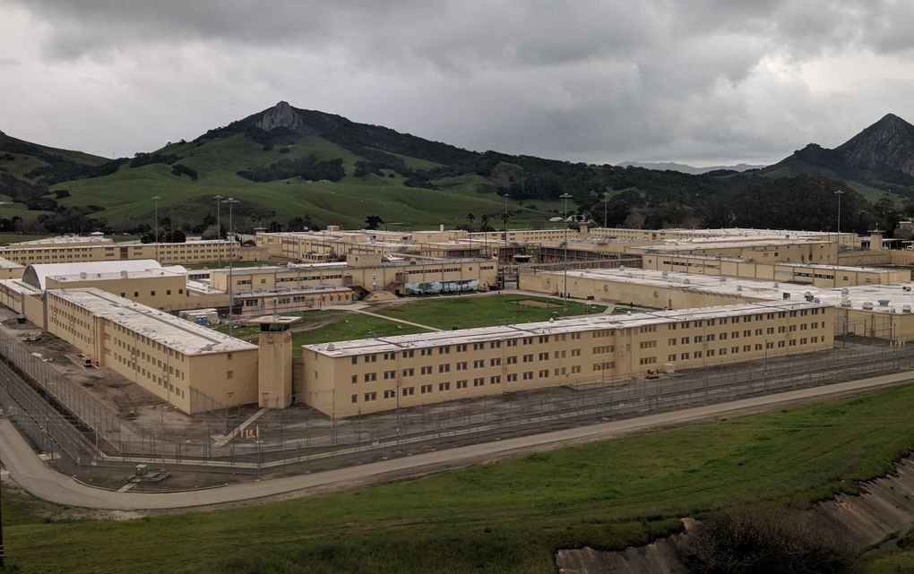 Just after the San Luis Obsipo station, the confined courtyards of the California Men’s Colony are a strong contrast to the vista-filled journey from L.A to Seattle. (Crystal Paul / The Seattle Times)