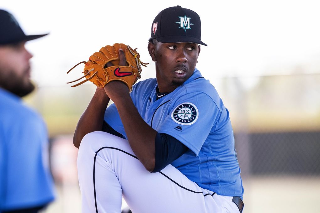 Mariners pitcher Justin Dunn on Feb. 16 in Peoria, Ariz. (Dean Rutz / The Seattle Times)