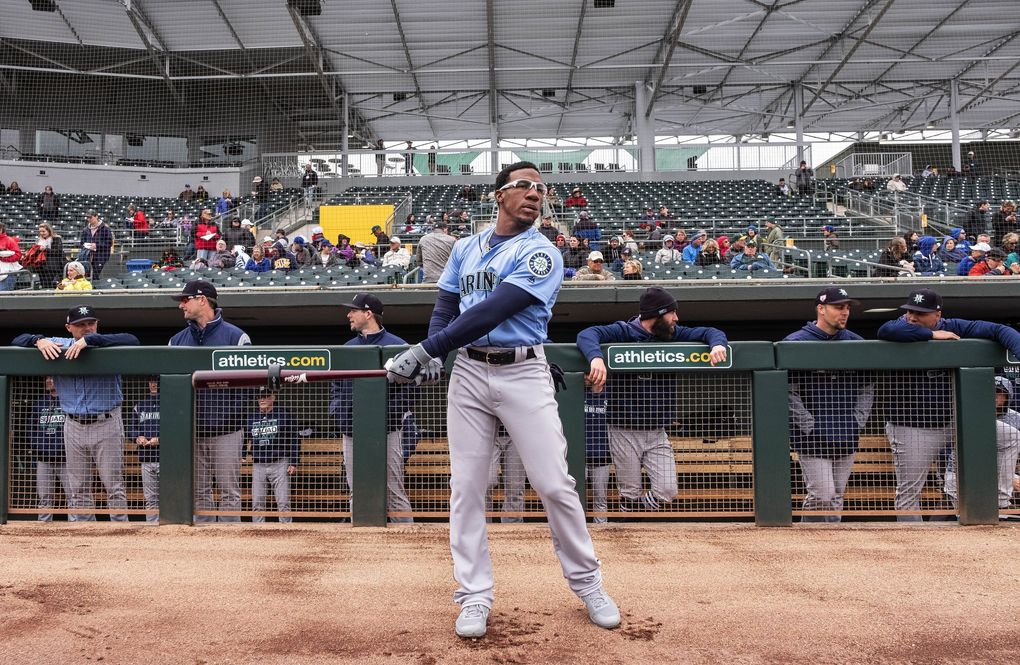 Seattle second baseman Shed Long on Feb. 21 in Mesa, Ariz. (Dean Rutz / The Seattle Times)