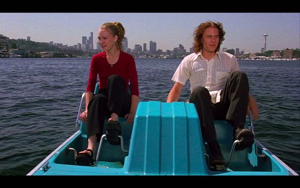 In a scene you could replicate today, Julia Stiles and Heath Ledger paddle-boat on Lake Union.
