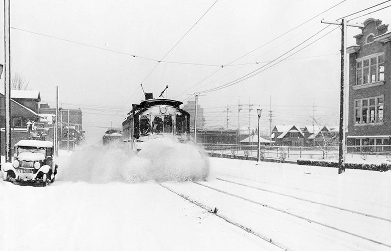 A trolley plows through snow in University Heights in the 1930s. Real caption to come from Paul Dorpat or Jean Sherrard.