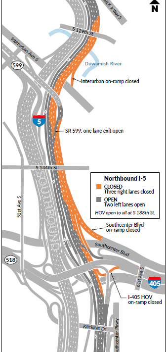 Traffic alert: I-5 northbound lanes in Tukwila close this weekend and ...