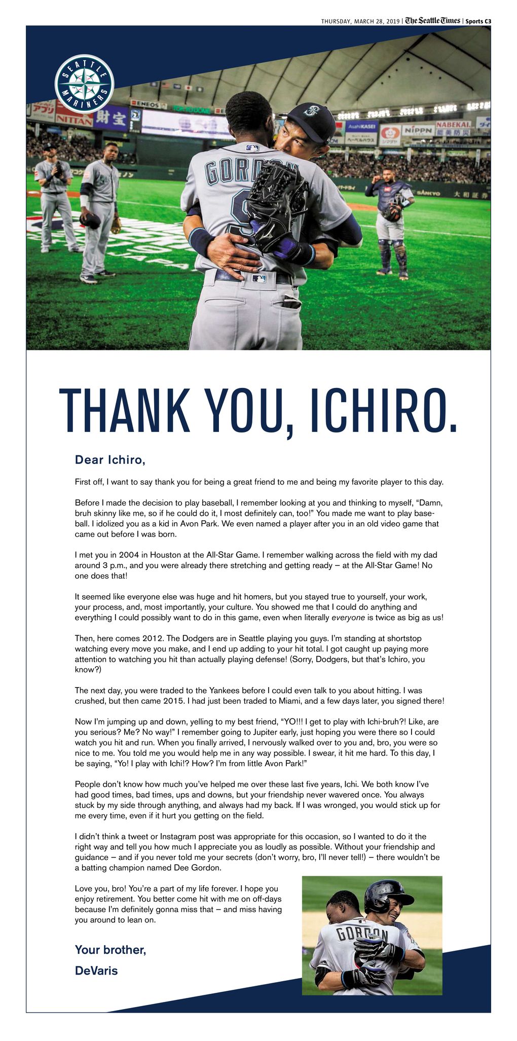 Dee Gordon took out a full-page ad in Thursday’s Seattle Times sports section honoring teammate and friend Ichiro.