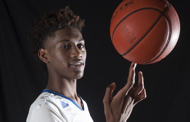 Federal Way’s Jalen McDaniels (5) for the Star Times high school basketball portrait session at the North Creek Facility in Bothell, Monday, February 22, 2016.