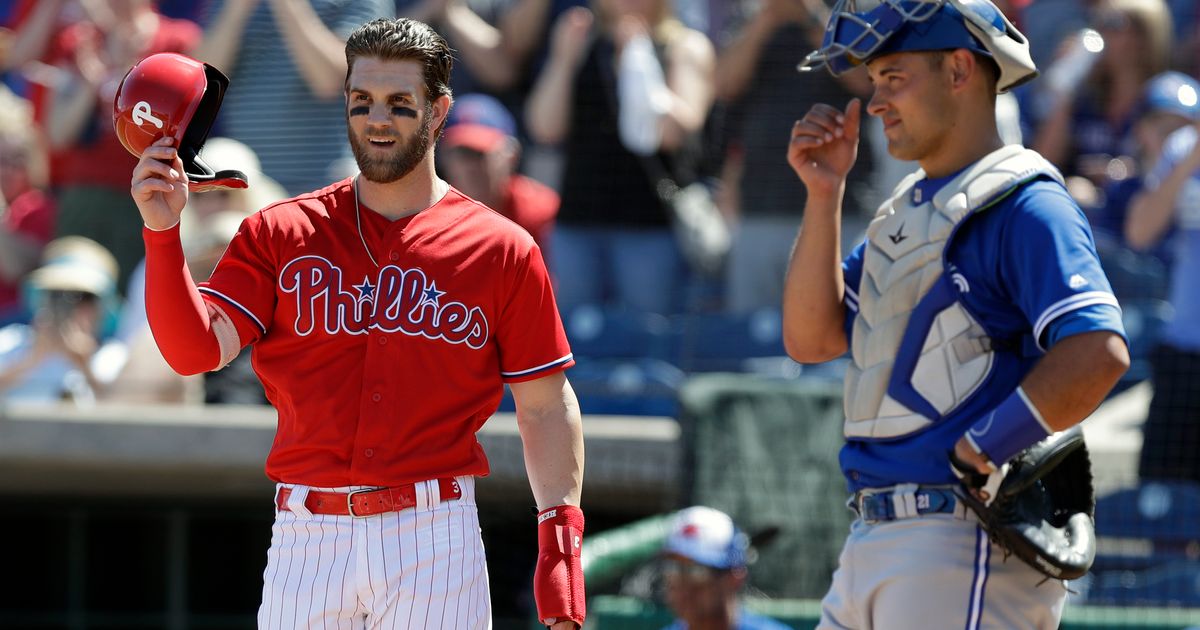 Philadelphia Phillies Bryce Harper awaits his first pitch in a Phillies  uniform