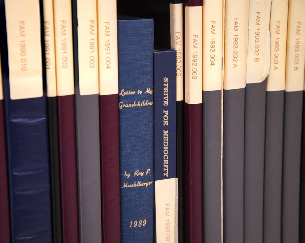 Unpublished manuscripts line the shelves of the Brautigan Library. (Mike Siegel / The Seattle Times)