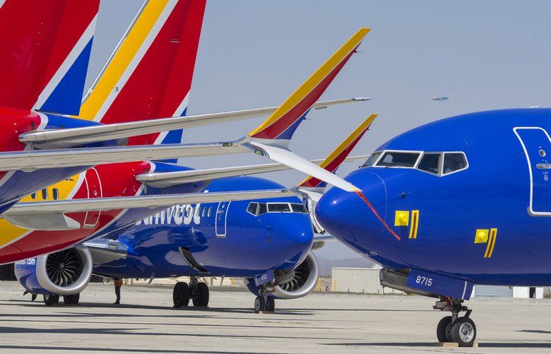 Southwest Airlines are parking 34 of their grounded 737 Max 8 at Southern California Logistics Airport in Victorville CA on Monday March 25, 2019. Southwest has contracted with ComAv Technical Services to store the jets. (James Quigg/The Daily Press via AP)