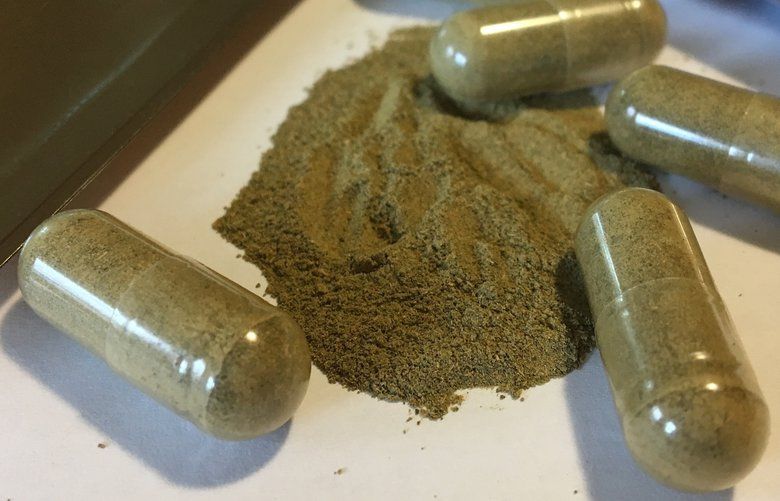 FILE – This Sept. 27, 2017 file photo shows kratom capsules in Albany, N.Y. A U.S. government report released Thursday, April 11, 2019 said the herbal supplement was a cause in 91 overdose deaths in 27 states. (AP Photo/Mary Esch, File) NY309 NY309