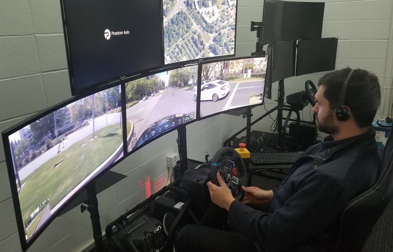 Ben Shukman using the remote-driving technology made by Phantom Auto in Mountain View, California.