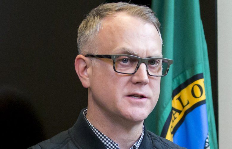 Jason Johnson, interim director of the Seattle Human Services Department, speaks during a press conference about the city’s response to the big winter storm at the Seattle Office of Emergency Management Monday February 11, 2019. King County Executive Dow Constantine and Seattle Mayor Jenny Durkan are to his left and right. 209306