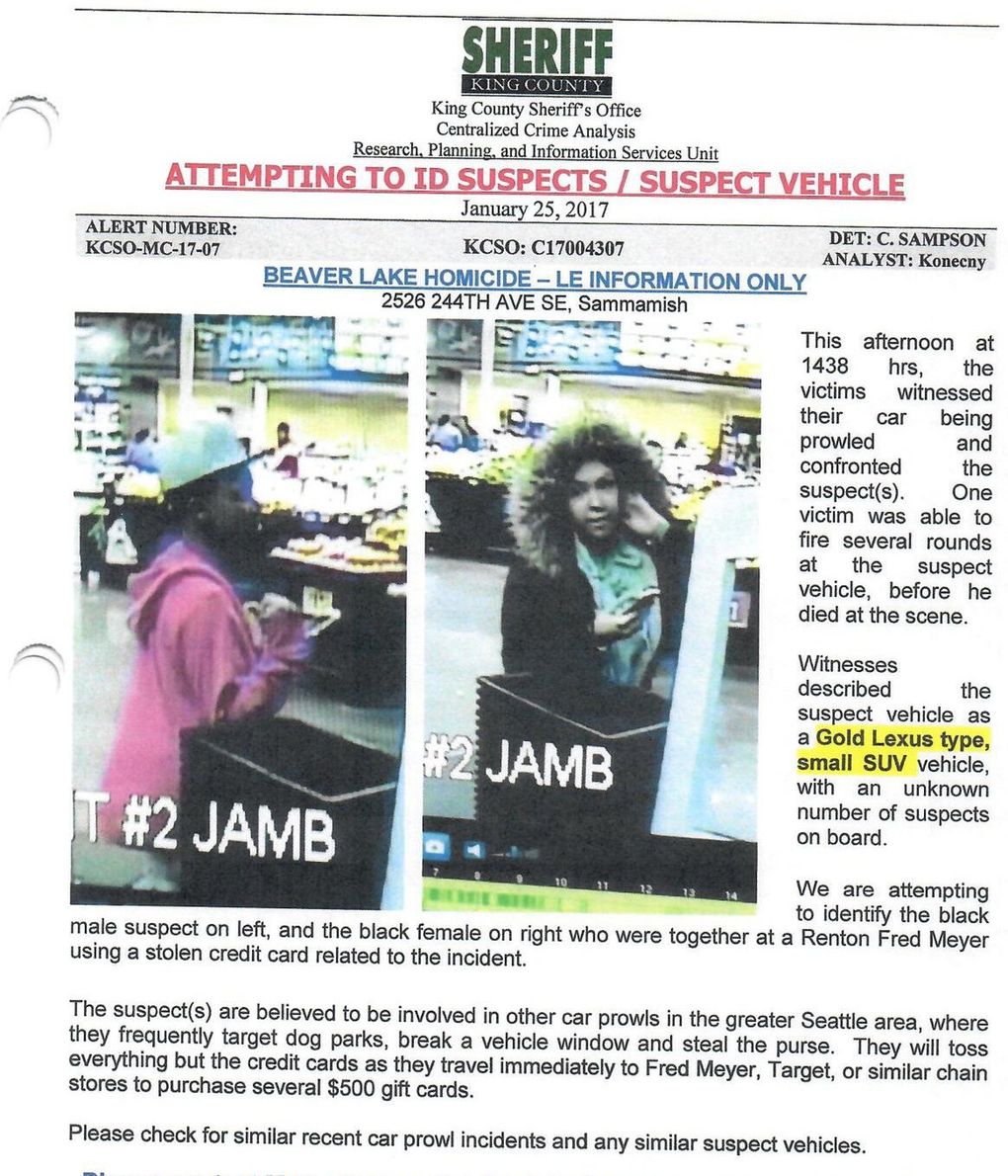 A bulletin issued by the King County Sheriff’s Office sought the names of two people who were using a credit card stolen from the homicide scene. The poster erroneously identified the suspect on the left as male, and detectives pursued the wrong person. The pair shown here were eventually convicted, but not before another teen was killed by deputies. (King County Sheriff’s Office)