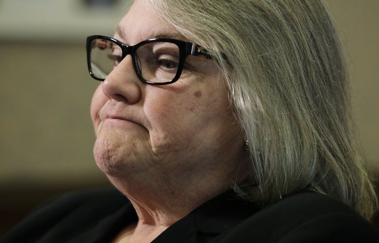 Sen. Maureen Walsh, R-College Place, pauses during an interview, Monday, April 22, 2019, at the Capitol in Olympia, Wash. Walsh angered nurses by commenting in a speech last week that some nurses may spend a lot of time playing cards in rural hospitals, as she debated a Senate bill that would require uninterrupted meal and rest breaks for nurses. (AP Photo/Ted S. Warren) WATW107 WATW107